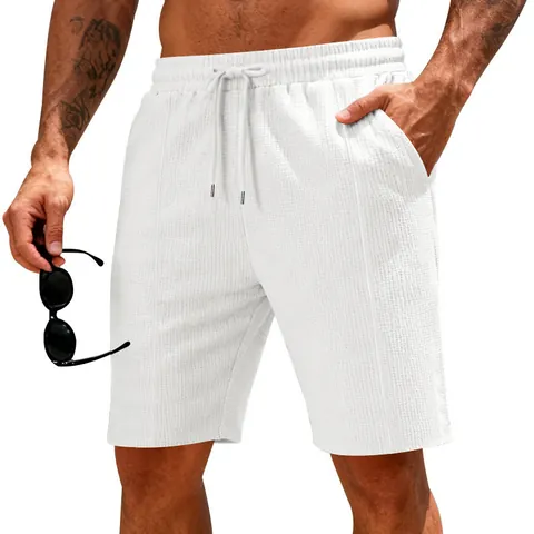 Men's Casual Waffle Knit Shorts Solid Heavyweight Drawstring Running Training Sports Shorts Athletic Wear