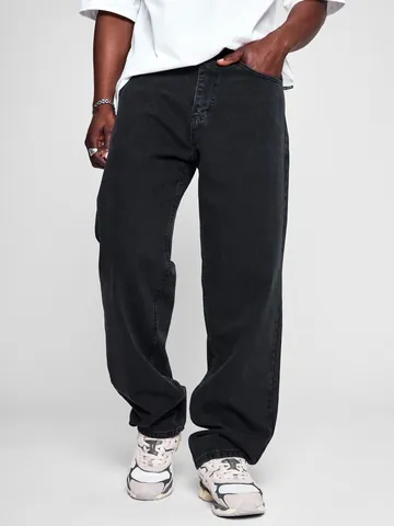 American High Street Men Loose Straight Washed Cotton Denim Jeans Fashion Casual Bottoms Full Length Trousers