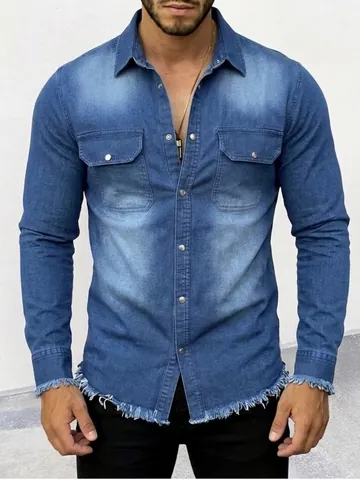 Men Washed Polyester Denim Shirt Long Sleeve Retro Street Style Snap Button Frayed Hem Casual Shirt Top For Men Clothing