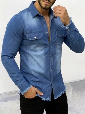 Men Washed Polyester Denim Shirt Long Sleeve Retro Street Style Snap Button Frayed Hem Casual Shirt Top For Men Clothing