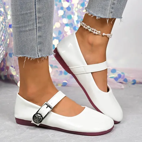 Vintage British Style Women Mary Jane Flats Patent Leather Round Toe Shallow Mouth Shoes With Rose Buckle Spring Autumn Fashion Comfort Flats