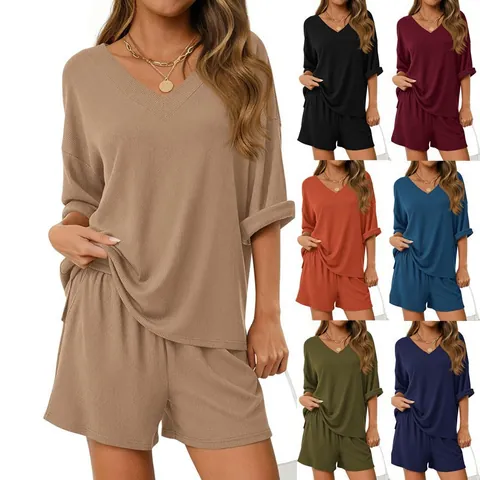 Women Ribbed Two Piece Shorts Set Polyester V Neck Mid Sleeve Top And Bottom Casual Summer Beach Vacation Loungewear Outfit