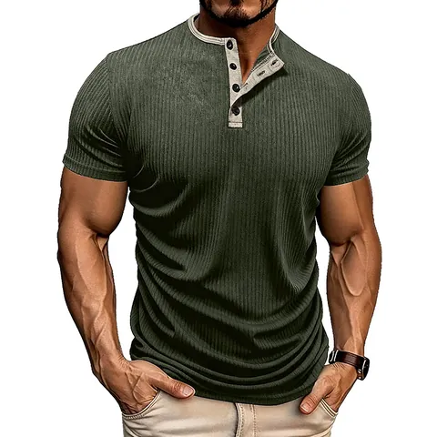 Men Henley T-Shirt Ribbed Short Sleeve Casual Slim Fit Color Block Crew Neck Button Summer Polyester Top For Men