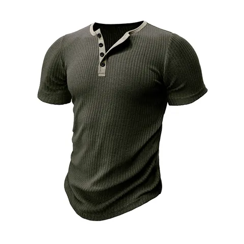 Men Henley T-Shirt Ribbed Short Sleeve Casual Slim Fit Color Block Crew Neck Button Summer Polyester Top For Men