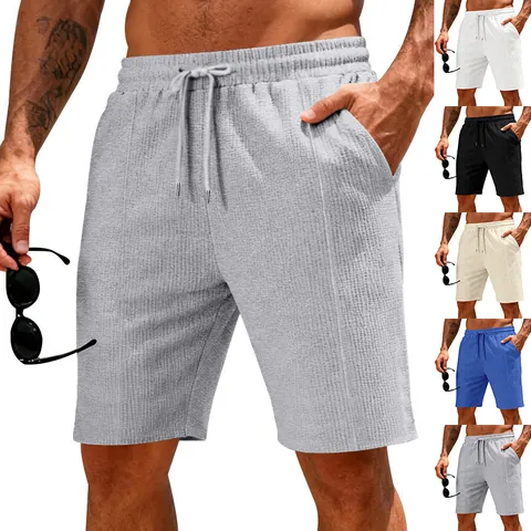 Men's Casual Waffle Knit Shorts Solid Heavyweight Drawstring Running Training Sports Shorts Athletic Wear