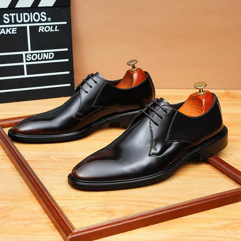 Heren Zakelijke Echt Leren Derby Schoenen Vintage Britse Stijl Gepolijst Gladde Neus Vetersluiting Formele Huwelijksschoenen