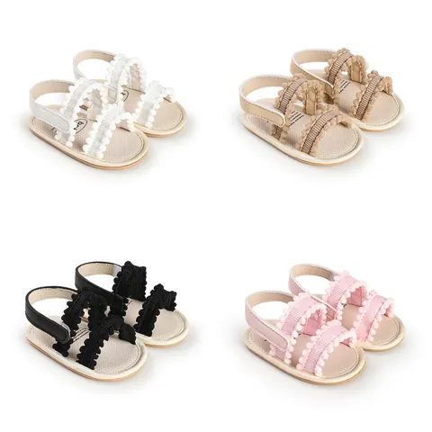 Baby Girl Sandals Pom Pom Bow Soft Sole Non Slip Infant First Walkers Summer Breathable Crib Shoes For Newborn Toddler