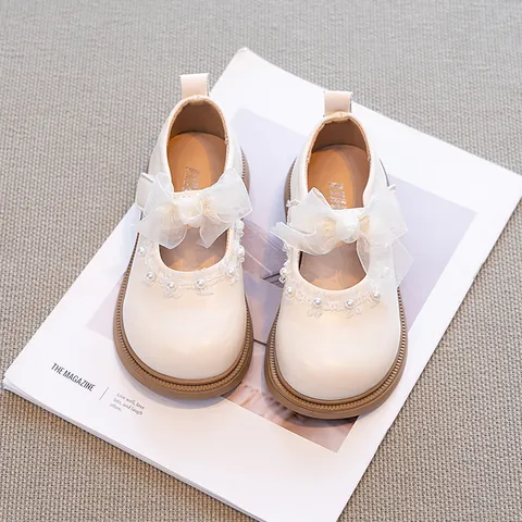 Girls Princess Mary Jane Shoes With Bowknot Artificial Pearl Lace Decor Soft Sole Wedding Party Dress Shoes For Girls
