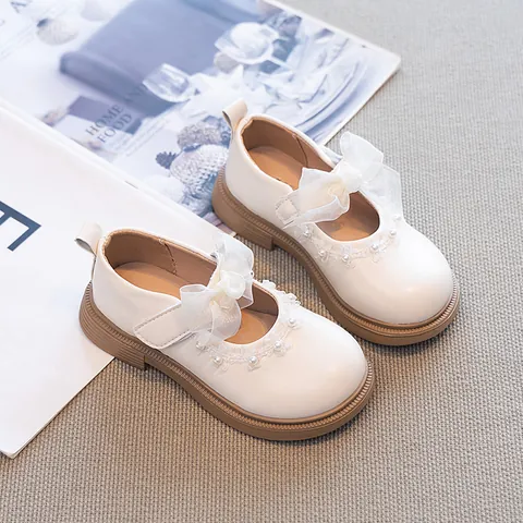 Girls Princess Mary Jane Shoes With Bowknot Artificial Pearl Lace Decor Soft Sole Wedding Party Dress Shoes For Girls