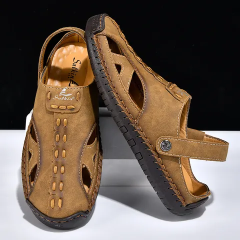 Men Leather Two-Way Outdoor Sandals Summer Hollow Out Breathable Beach Shoes Non-Slip Rubber Sole Large Size Casual Walking Sandals