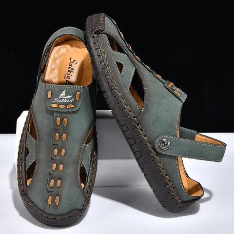 Men Leather Two-Way Outdoor Sandals Summer Hollow Out Breathable Beach Shoes Non-Slip Rubber Sole Large Size Casual Walking Sandals