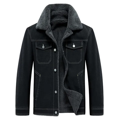 Men Plus Fleece Denim Jacket Thickened Winter Warm Coat Turn-down Collar Button Front Casual Outerwear Pockets Men Clothing