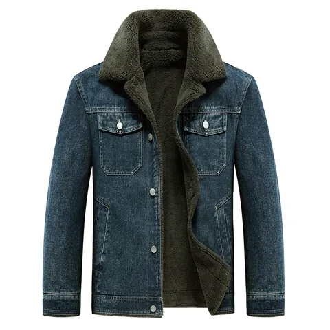Men Plus Fleece Denim Jacket Thickened Winter Warm Coat Turn-down Collar Button Front Casual Outerwear Pockets Men Clothing