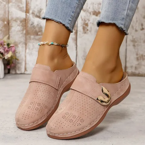 Women Thick Sole Hollow Out Mules Laser Cut Floral Pattern Round Toe Backless Slippers With Gold Buckle Casual Summer Shoes