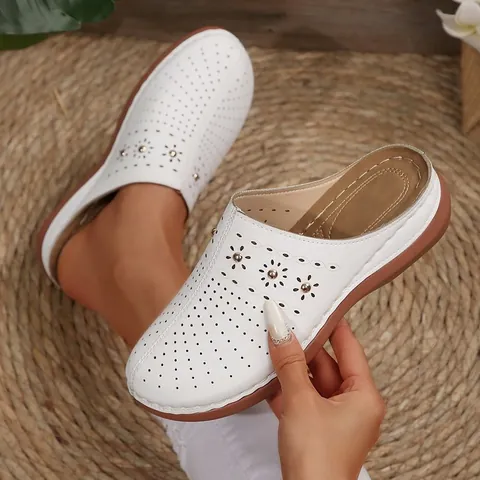 Women's Hollow Out Rivet Wedge Mules Bohemian Thick Sole Clogs Summer Slip On Beach Sandals Plus Size PU Leather Shoes