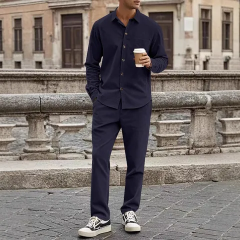 Men Casual Corduroy Two Piece Set Long Sleeve Lapel Button Shirt And Straight Leg Pants Spring Autumn Outdoor Outfit