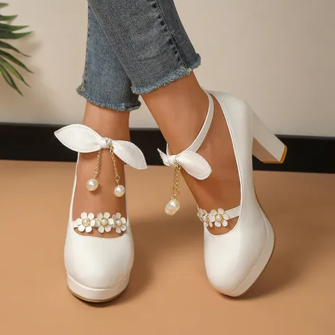 Women Sweet Princess Mary Jane Shoes Round Toe Chunky High Heels With Bowknot Artificial Pearl Flower Decoration Waterproof Platform Wedding Party Dress Shoes