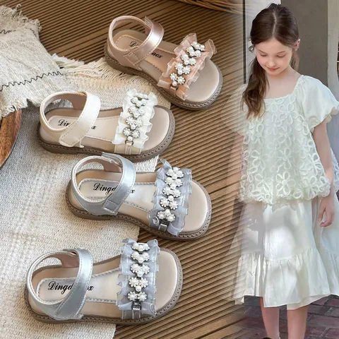 Girls Pearl Princess Sandals Summer 2026 Open Toe Beach Shoes PU Leather Non Slip Rubber Sole Breathable Hook Loop Footwear