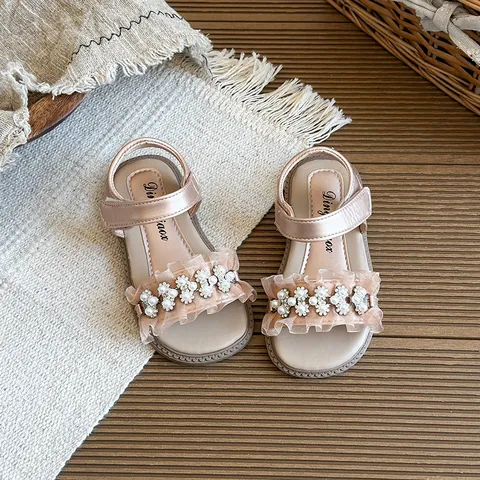 Girls Pearl Princess Sandals Summer 2026 Open Toe Beach Shoes PU Leather Non Slip Rubber Sole Breathable Hook Loop Footwear