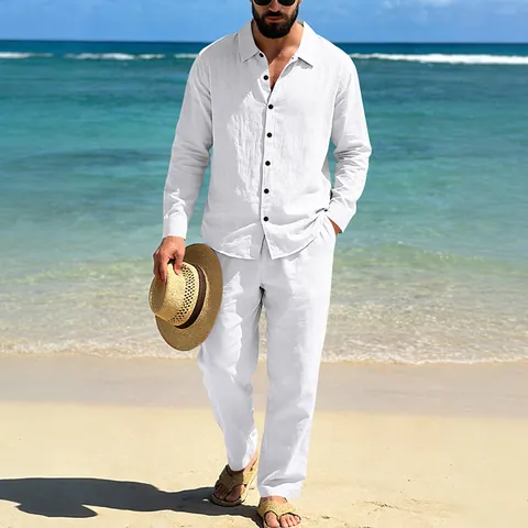 Men's Linen Top And Bottom Set Casual Long Sleeve Lapel Shirt And Straight Leg Pants Beach Vacation Outfit Comfortable Suit