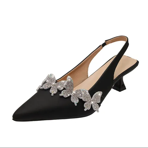 French Pointed Toe Stiletto Heels Women Fashion Rhinestone Bow Slingback Sandals Satin Look Elegant High Heel Shoes