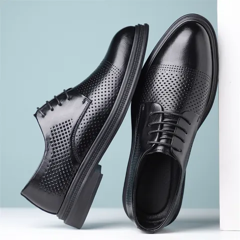 Men's Formal Leather Shoes Hollow Breathable Business Casual Dress Shoes Height Increasing Wedding Office Derbies Solid Black Shoes