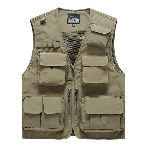 Men's Multi-Pocket Cargo Vest Outdoor Breathable Mesh Utility Fishing Photography Sleeveless Waistcoat Jacket Nylon Vest