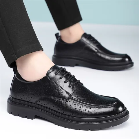 Herren Britischer Stil Recyceltes Leder Business Formelle Schuhe Ausschnitt Atmungsaktiv Brogue Derby Schuhe Schnürung Rutschfest Gummi