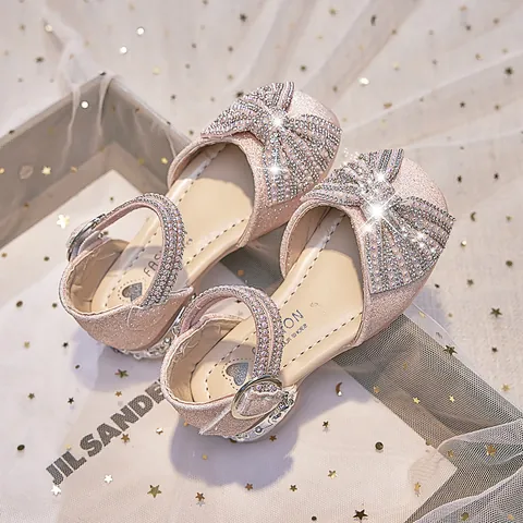 Girls Princess Sandals Rhinestone Bow Sparkling Glitter Dress Shoes Artificial Pearl Ankle Strap Soft Sole Wedding Party Little Girls Shoes