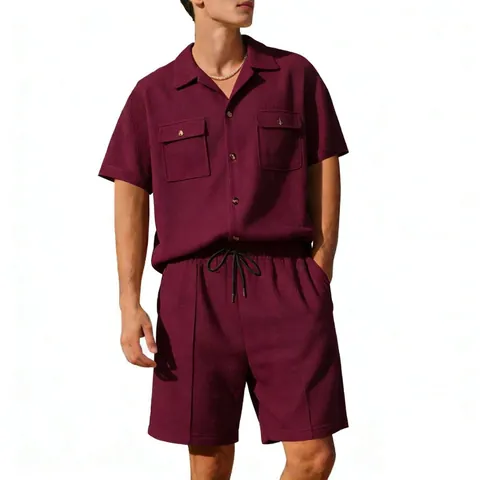 Men Waffle Knit Casual Top And Bottom Summer Short Sleeve Button Down Shirt And Shorts Set Solid Color Lapel Collar Outfit
