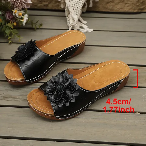 Sandalias de Cuña de Moda para Mujer Flores 3D Flip Flops de Cuero PU Pantuflas de Plataforma de Playa de Verano Caladas
