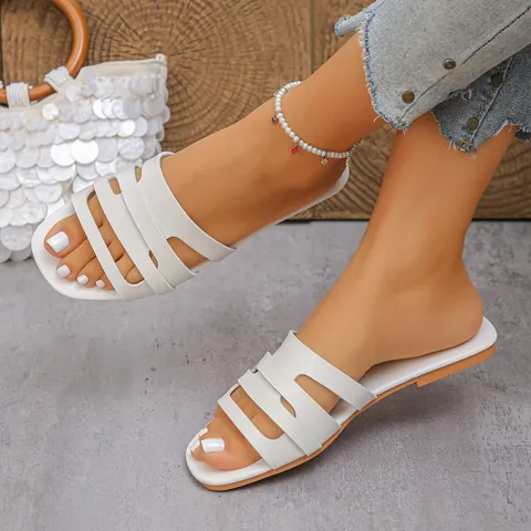 Damen Lässige Flache Pantoletten PU Leder Offene Zehensandalen Drei-Riemen Hohl-Design Einfarbig Slipper Sommer Strand Outdoor Schuhe