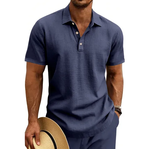 Men Business Casual Linen Polo Shirt Short Sleeve Breathable Solid Color Summer Woven Lapel Top For Men S-XXXL