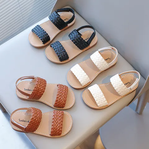 Girls Summer Casual Woven Beach Sandals PU Leather Hook and Loop Open Toe Kids Fashion Flat Sandals Comfortable Beige