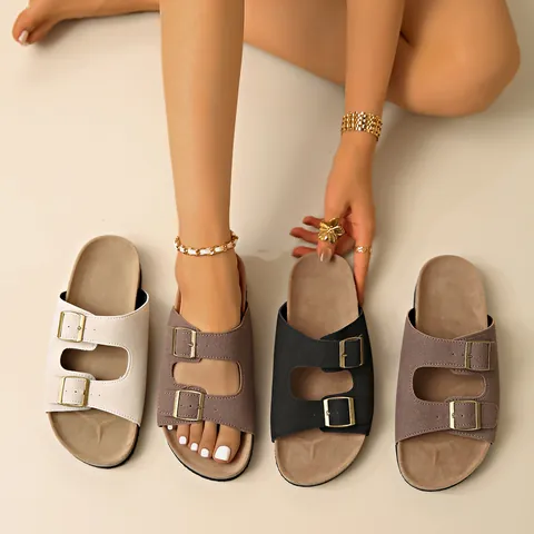 Sandali Slide da Donna Casual con Doppia Fibbia Tomaia in PU Suola in Gomma Texture Sughero Plateau Pantofole da Spiaggia Estive
