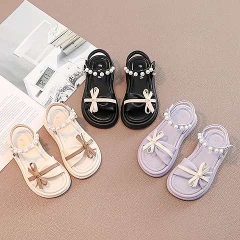 Sandali da Principessa per Bambina Estate Fiocco Decorazione Perle Artificiali Suola Morbida Antiscivolo Scarpe Casual in Velcro per Bambini