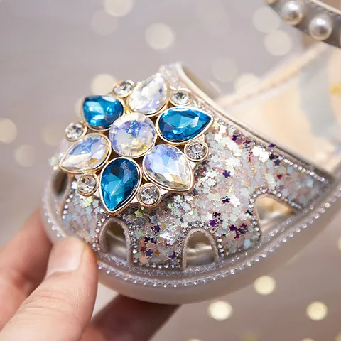 Girls Princess Sandals Sparkling Rhinestone Flower Artificial Pearl Strap Closed Toe Wedding Party Dress Shoes For Kids