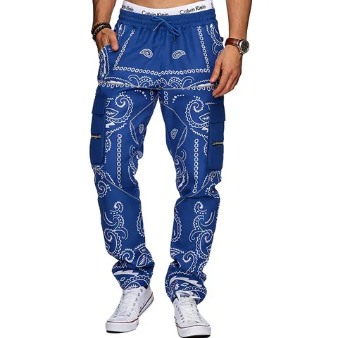 Men High Street Hip Hop Cargo Pants Paisley Printed Loose Tapered Multi Pocket Casual American West Coast Fashion Bottoms