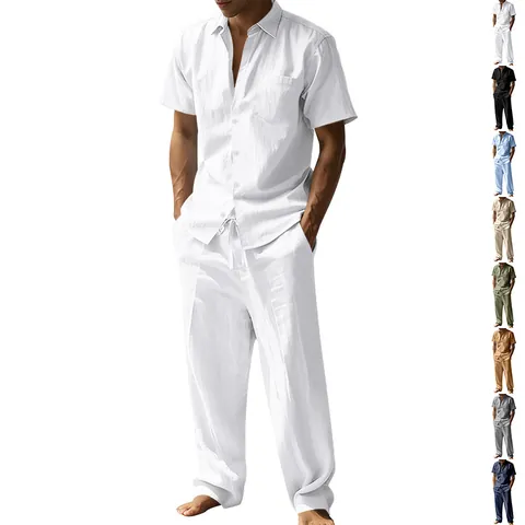 Men Casual Linen Short Sleeve Shirt And Pants Top And Bottom Solid Color Lapel Summer Beach Vacation Outfits