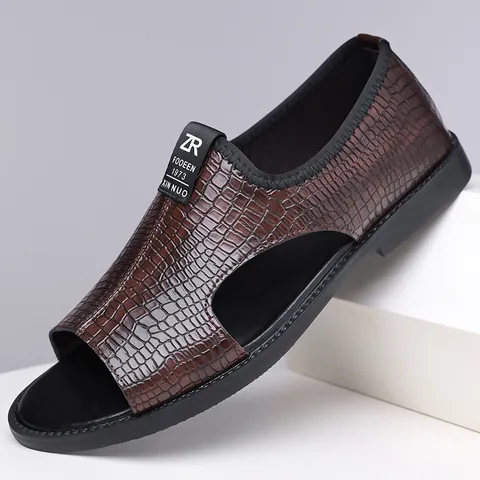 Sandalias Romanas Casuales para Hombre Patrón de Cocodrilo Punta Abierta Suela Blanda Zapatos de Playa Medio Oriente Sandalias