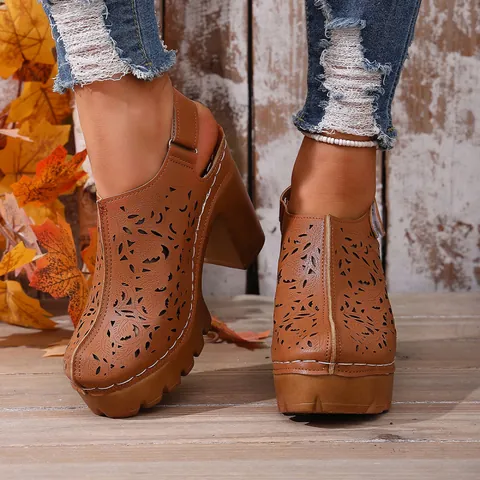 Women Vintage Hollow Out Platform Mules Laser Cut Floral Chunky Heel Sandals Synthetic Leather Rubber Sole Retro Clogs