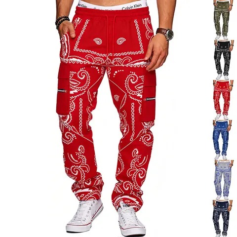 Men High Street Hip Hop Cargo Pants Paisley Printed Loose Tapered Multi Pocket Casual American West Coast Fashion Bottoms