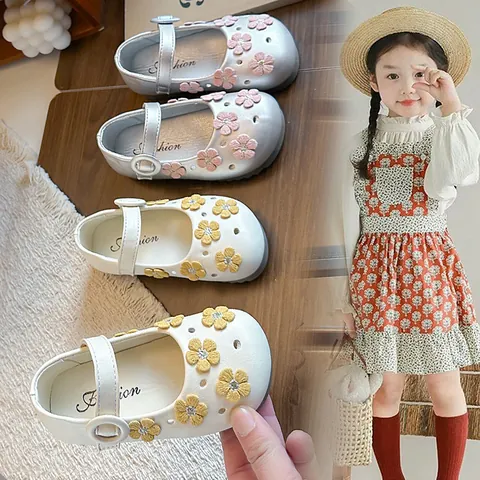 Girls Flower Mary Jane Shoes 2026 Spring New Children Princess Shoes Solid Color PU Leather Soft Sole Flat Shoes For School Party Wear Fashion Shoes