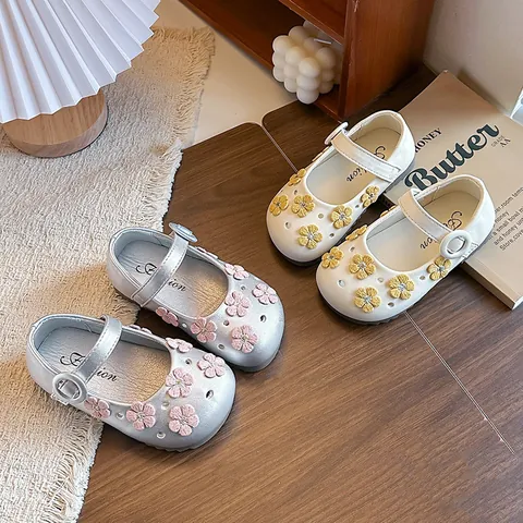 Girls Flower Mary Jane Shoes 2026 Spring New Children Princess Shoes Solid Color PU Leather Soft Sole Flat Shoes For School Party Wear Fashion Shoes