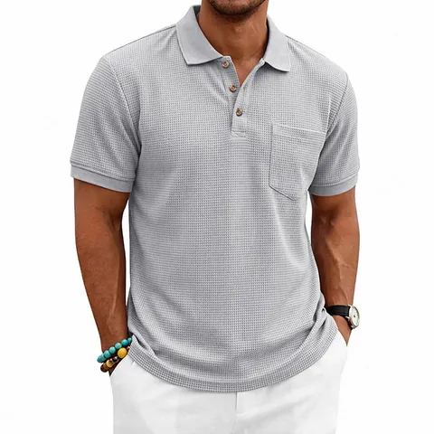 Chemise Polo en Tricot Gaufré pour Hommes Décontracté Manches Courtes Revers Bouton Couleur Unie Été Top