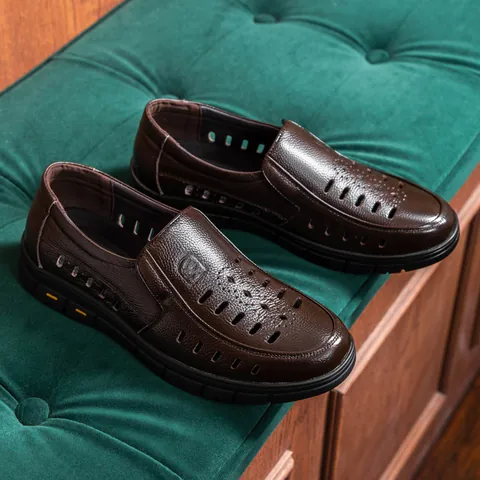 Men Top Layer Cowhide Loafers Summer Breathable Hollow Casual Leather Shoes Middle Aged Elderly Non Slip Soft Sole Men Shoes