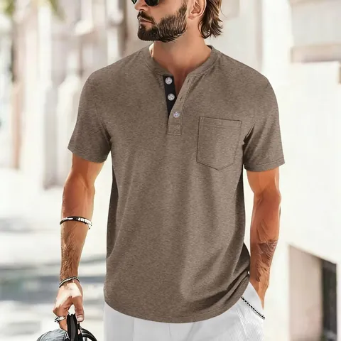 Men's Summer Casual Short Sleeve Henley T-Shirt Slim Fit Solid Color Polyester Top With Pocket For Daily Wear