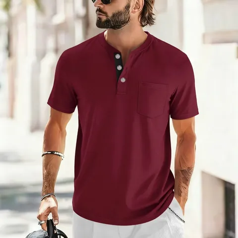 Men's Summer Casual Short Sleeve Henley T-Shirt Slim Fit Solid Color Polyester Top With Pocket For Daily Wear