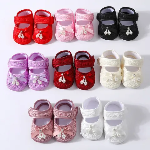 Newborn Baby Girl Princess Shoes Lace Bow Artificial Pearl Rhinestone Soft Sole Pre-Walker Non-Slip Flat Shoes For Toddlers