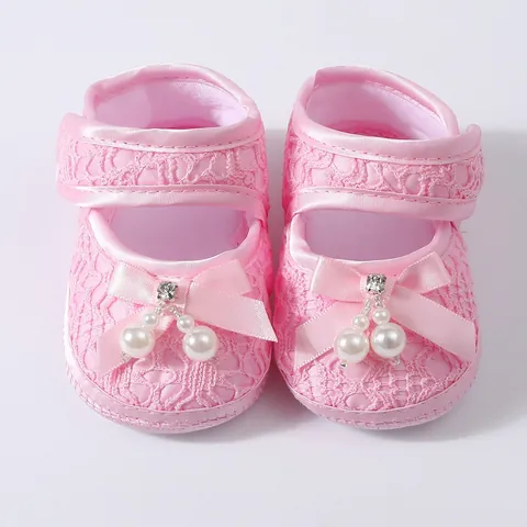 Newborn Baby Girl Princess Shoes Lace Bow Artificial Pearl Rhinestone Soft Sole Pre-Walker Non-Slip Flat Shoes For Toddlers